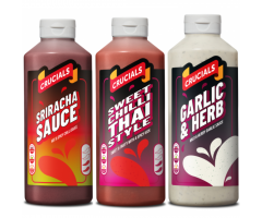 Crucials Sauce x 3 (Sriracha/Garlic Herb/Thai) 500ml Free doner mix